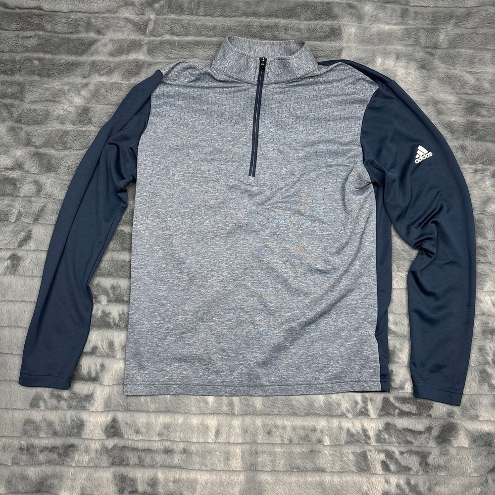 Adidas Mens Quarter Zip Pullover Grey Navy Blue Heathered Performance Top Small
